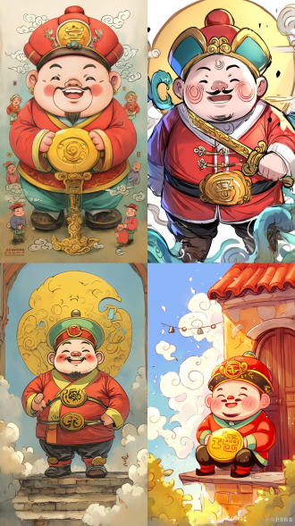 中国财神站在门口手拿金元宝，q版可爱表情丰富服装华丽，中心构图，暖色调，特写镜头，顺光，喜庆，尊贵。