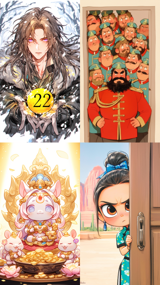 中国财神站在门口手拿金元宝，q版可爱表情丰富服装华丽，中心构图，暖色调，特写镜头，顺光，喜庆，尊贵。