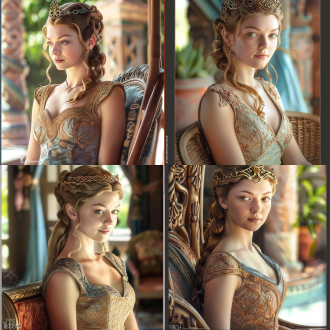 冰与火之歌，玫瑰家族，雍容华贵，头戴后冠，丰满，婴儿肥脸蛋，神秘微笑，红色、橙色、金色，欧洲中世纪建筑花园，胸像，侧肩扭头正脸，高光对比，暖色调，广角镜头，自然光，优雅，神秘，华丽。