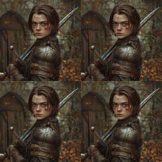 冰与火之歌，阿莉雅，刺客，剑术大师，18岁，身高162cm，身穿皮甲，不戴头盔，不戴面罩，手持细决斗剑，站在欧洲中世纪城堡马厩前，秋天，泥地，脸型稍胖，有少量雀斑，栗色短发，眼睛又大又圆，眼神犀利，中世纪风格，欧洲城堡，秋天色调，泥地质感，皮甲细节，细剑锋利，侧光照明，眼神坚定，动作敏捷，历史感，紧张氛围。