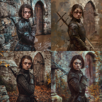 冰与火之歌，阿莉雅，刺客，18岁，身高162cm，身穿皮甲，不戴头盔，不戴面罩，手持细决斗剑，全身像，站在欧洲中世纪城堡马厩前，秋天，泥地，脸型稍胖，有少量雀斑，栗色短发，眼睛又大又圆，眼神犀利，中世纪风格，欧洲城堡，秋天色调，泥地质感，皮甲细节，细剑锋利，侧光照明，眼神坚定，动作敏捷，历史感，紧张氛围。