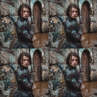 冰与火之歌，阿莉雅，刺客，18岁，身高162cm，身穿皮甲，不戴头盔，不戴面罩，手持细决斗剑，全身像，站在欧洲中世纪城堡马厩前，秋天，泥地，脸型稍胖，有少量雀斑，栗色短发，眼睛又大又圆，眼神犀利，中世纪风格，欧洲城堡，秋天色调，泥地质感，皮甲细节，细剑锋利，侧光照明，眼神坚定，动作敏捷，历史感，紧张氛围。