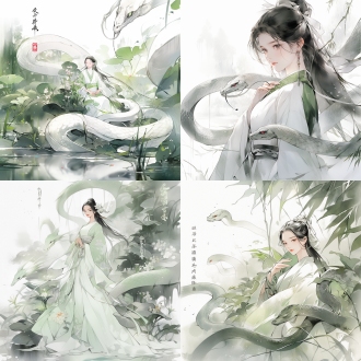 白蛇·浮生，8k，宣传图，古典中国风，白蛇优雅，青蛇俏皮，水墨山水背景，丝绸质感长裙，细腻肌肤，温柔眼神，对称构图，高分辨率，广角镜头，自然光，柔和色调，神秘，优雅。