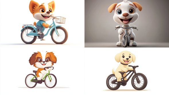 白色背景，可爱小狗，休闲服，骑车上班，卡通风格，大眼睛，微笑，圆润身体，优雅姿态，平面设计，明亮色调，柔和光线，正面视角，细节清晰，轻松愉快。