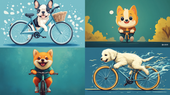 蓝色背景，可爱小狗，休闲服，骑车上班，卡通风格，大眼睛，微笑，圆润身体，优雅姿态，平面设计，明亮色调，柔和光线，正面视角，细节清晰，轻松愉快。