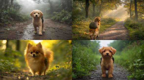 小狗上学，道路崎岖，清晨阳光，广角镜头，自然光，缓慢快门，行走，期待，绿意盎然，柔和色调，森林小径，小狗毛茸茸，书包背在背上，眼神充满好奇，清晨雾气，露珠闪烁，宁静氛围。