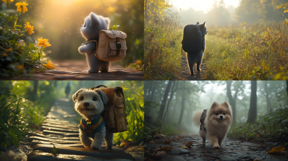 小狗灰色上学，道路崎岖，清晨阳光，广角镜头，自然光，缓慢快门，行走，期待，绿意盎然，柔和色调，森林小径，小狗毛茸茸，大书包背在背上，眼神充满好奇，清晨雾气，露珠闪烁，宁静氛围。