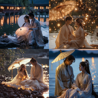 古风汉服情侣，一个倾国倾城绝美仙女身穿白色纱裙坐在河边，一个身穿若水色纱衣的男子站在一旁为女子撑着一把油纸伞，汉服，闪闪发光，荧光， 闪光， 星光， 粒子光，不灵不灵的光，发光粒子，粒子特效，超大侧镜全景，景深，超广角构图法，特写镜头捕捉，长焦镜头营造近景画面，高岭之花，仙气飘飘，一身白衣，长发飘飘，低饱和度的颜色