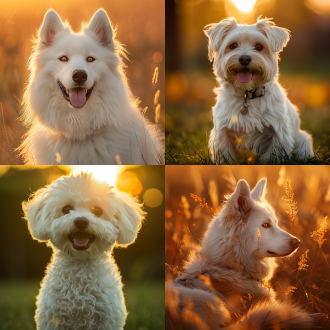 西施犬，白色，可爱，开心，远景，柔和光线，草坪上，暖色调，优雅姿态，小狗眼神温柔，宁静氛围，温馨情感。