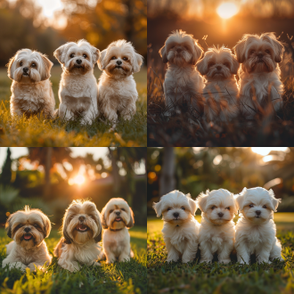 3只西施犬，白色，可爱，开心，远景，柔和光线，草坪上玩耍，暖色调，优雅姿态，小狗眼神温柔，宁静氛围，温馨情感。