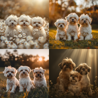 3只西施犬，白色，可爱，开心，远景，柔和光线，在草坪上玩耍，暖色调，优雅姿态，小狗眼神温柔，宁静氛围，温馨情感。