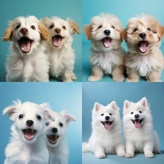 2小只漂亮的小狗，白色，萌萌的神态，开心，快乐，蓝色背景。