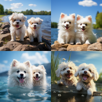 两只漂亮的小狗，白色，河边，萌萌的神态，开心，快乐，蓝色背景，对称布局，高饱和度，自然光线，广角镜头，水波纹，草地，微笑，明亮。