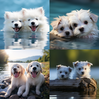 两只漂亮的小狗，白色，河边，萌萌的神态，开心，快乐，蓝色背景，对称布局，自然光，柔和色调，长焦镜头，水面反射，微笑，亲密，温馨。