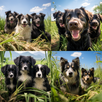 三只中华田园犬，黑色，田园上，萌萌神态，开心快乐，绿色背景，对称布局，自然光，广角镜头，柔和色调，慢快门，草地，蓝天，清新，温馨。