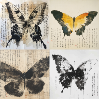 特写，翅膀超长的蝴蝶，翅膀展开，巨大翅膀由无数大写字母书写的传统文字组成，形成无尽文字海洋，齐白石风格，色彩丰富，虚实结合，线条优美，极简主义，纯白背景，意境水墨，文本创意，背景模糊，书法字符，高对比度，细腻纹理，柔和光线，艺术感，文化象征。