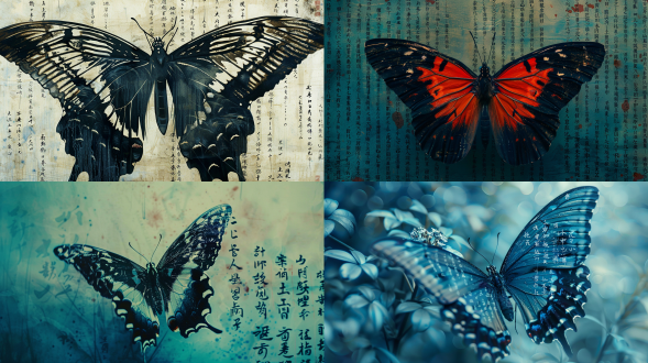 特写，一只翅膀超长的蝴蝶，翅膀展开，巨大的翅膀由无数个用大写字母书写的传统文字组成，形成无尽的文字海洋，以齐白石的风格绘制，色彩丰富，虚实结合，线条非常优美，极简主义，蓝色背景，意境水墨，文本创意，背景模糊，书法字符，