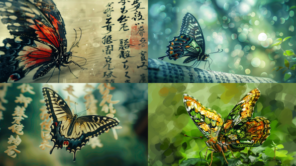 特写，一只翅膀超长的蝴蝶，翅膀展开，巨大的翅膀由无数个用大写字母、数字组成，以齐白石的风格绘制，色彩丰富，虚实结合，线条非常优美，极简主义，绿色背景，意境水墨，文本创意，背景模糊，书法字符，