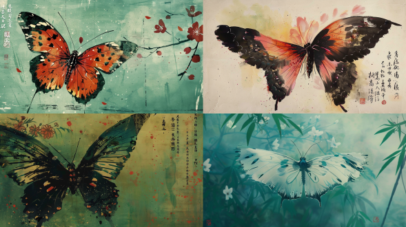 特写，一只翅膀超长的蝴蝶，翅膀展开，巨大的翅膀由无数花瓣、绿叶组成，以齐白石的风格绘制，色彩丰富，虚实结合，线条非常优美，极简主义，绿色背景，意境水墨，文本创意，背景模糊，书法字符，