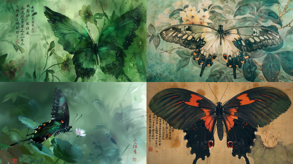 特写，一只翅膀超长的蝴蝶，翅膀展开，巨大的翅膀由无数花瓣、绿叶组成，以齐白石的风格绘制，色彩丰富，虚实结合，线条非常优美，极简主义，绿色背景，意境水墨，文本创意，背景模糊。