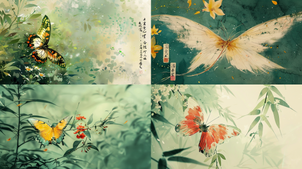 特写，远焦距镜头，一只翅膀超长的蝴蝶，翅膀展开，巨大的翅膀由无数花瓣、绿叶组成，以齐白石的风格绘制，色彩丰富，虚实结合，线条非常优美，极简主义，绿色背景，意境水墨，文本创意，背景模糊。