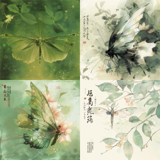 特写，远焦距镜头，一只翅膀超长的蝴蝶，翅膀展开，巨大的翅膀由无数花瓣、绿叶组成，以齐白石的风格绘制，色彩丰富，虚实结合，线条非常优美，极简主义，绿色背景，意境水墨，文本创意，背景模糊。