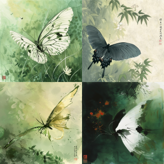 远焦距镜头，一只翅膀超长的蝴蝶，翅膀展开，巨大的翅膀由无数花瓣、绿叶组成，以齐白石的风格绘制，色彩丰富，虚实结合，线条非常优美，极简主义，绿色背景，意境水墨，背景模糊。