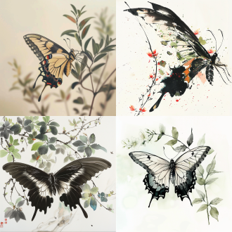 远焦距镜头，一只翅膀超长的蝴蝶，翅膀展开，巨大的翅膀由无数花瓣、绿叶组成，以齐白石的风格绘制，色彩丰富，虚实结合，线条非常优美，极简主义，白色背景，意境水墨，背景模糊。