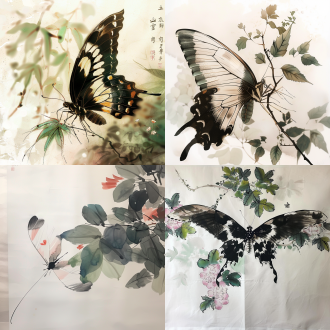 远焦距镜头，一只翅膀超长的蝴蝶，翅膀展开，巨大的翅膀由无数花瓣、绿叶组成，以齐白石的风格绘制，色彩丰富，虚实结合，线条非常优美，极简主义，白色背景，意境水墨，背景模糊。