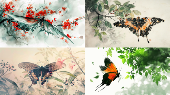 远焦距镜头，一只翅膀超长的蝴蝶，翅膀展开，巨大的翅膀由无数花瓣、绿叶组成，以齐白石的风格绘制，色彩丰富，虚实结合，线条非常优美，极简主义，白色背景，意境水墨，背景模糊。