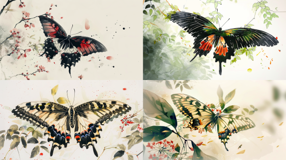 远焦距镜头，一只翅膀超长的蝴蝶，翅膀展开，巨大的翅膀由无数花瓣、绿叶组成，以齐白石的风格绘制，色彩丰富，虚实结合，线条非常优美，极简主义，白色背景，意境水墨，背景模糊。1920:1080比例