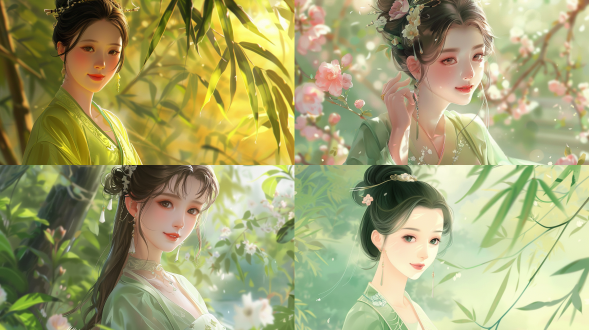 穿着淡绿色纱裙的唐代中国小女孩，夏日服饰，微笑面容，生动角色设计，国画风格，可爱、端庄魅力，古典风格，开心，快乐，对角线布局，高对比度，花园内，暖色调，远焦镜头，侧光，静态，可爱。