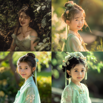 穿着淡绿色纱裙的唐代中国小女孩，刘亦菲风格，夏日服饰，微笑面容，生动角色设计，国画风格，可爱、端庄魅力，古典风格，开心，快乐，对角线布局，高对比度，花园内，暖色调，远焦镜头，侧光，静态，可爱。