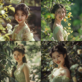穿着淡绿色纱裙的唐代中国小女孩，刘亦菲风格，夏日服饰，微笑面容，生动角色设计，国画风格，可爱、端庄魅力，古典风格，开心，快乐，对角线布局，高对比度，花园内，暖色调，远焦镜头，侧光，静态，可爱。