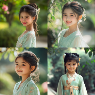 穿着淡绿色纱裙的唐代中国小女孩，刘亦菲风格，夏日服饰，微笑面容，生动角色设计，国画风格，可爱、端庄魅力，古典风格，开心，快乐，对角线布局，高对比度，花园内，暖色调，远焦镜头，侧光，静态，可爱。