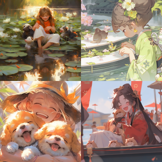 美丽的中国女子，优雅美丽，刘亦菲风格，坐在河边，紧紧抱着2只白色和黑色的小狗，快乐