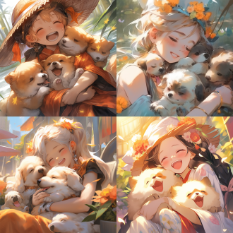 美丽的中国女子，优雅美丽，刘亦菲风格，坐在河边，紧紧抱着2只白色和黑色的小狗，快乐