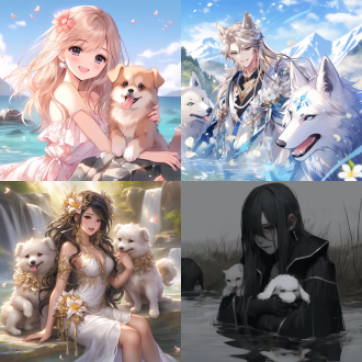 美丽的中国女子，黑色长发，优雅美丽，刘亦菲风格，坐在河边，紧紧抱着2只白色和黑色的小狗。