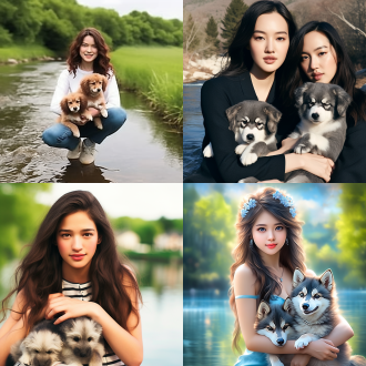 美丽的中国女子，黑色长发，优雅美丽，刘亦菲风格，坐在河边，紧紧抱着2只白色和黑色的小狗，远焦镜头，自然光，柔和色调，河边风景，宁静，温馨，细腻肌肤，温柔表情，和谐构图，细节清晰。