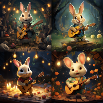 兔子穿可爱衣服拿吉他，森林舞台，动物朋友，儿童绘本风格，温馨治愈，大舞台，明亮色彩，广角镜头，自然光，欢快表情，弹奏动作，和谐氛围，可爱动物，温暖色调。