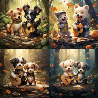 2只小狗穿可爱衣服拿吉他，森林舞台，动物朋友，儿童绘本风格，温馨治愈，大舞台，明亮色彩，广角镜头，自然光，欢快表情，弹奏动作，和谐氛围，可爱动物，温暖色调。