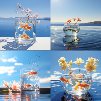 一个晶莹透明的蓝色水晶花盆，上面栽有一颗迷你桃花，在一片平静的海面上，一条金鱼在空中飞，蓝天和阳光
