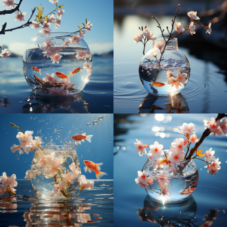 晶莹透明蓝色水晶花盆，迷你桃花，平静海面，金鱼空中飞，蓝天阳光，对称构图，高光溢出，水下视角，广角镜头，逆光，柔和光线，梦幻色彩，轻盈，宁静。