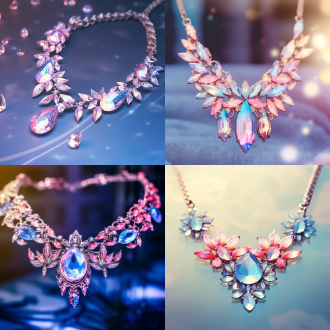 水中清澈透明的蓝色水晶项链，优雅美感，柔和梦幻色彩，明亮色彩，instagram风格，高细节级别，逼真照片感，白色和粉色光线。