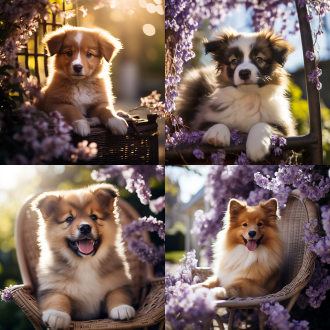 藤椅上小奶狗，紫藤花环绕，郊外阳光明媚，温馨宁静，柔和光线，自然环境，长焦镜头，浅景深，温暖色调，舒适表情，放松姿态，田园风光。