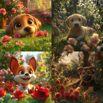 皮克斯，远景特写，草坪上躺着一只可爱小奶狗，郊外的玫瑰花，阳光明媚，开心