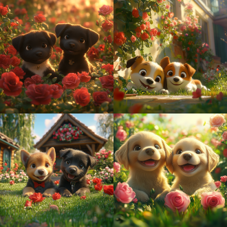 皮克斯，远景特写，草坪上躺着2只可爱小奶狗，郊外的玫瑰花，阳光明媚，开心