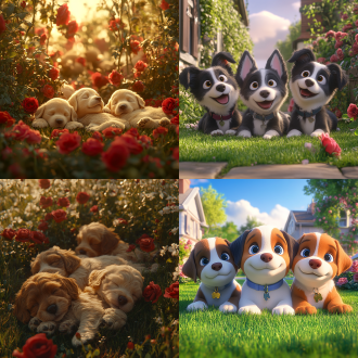 皮克斯风格，远景特写，草坪上三只小奶狗躺着，萌态可掬，郊外玫瑰花丛，阳光明媚，开心表情，广角镜头，自然光，柔和色调，细节丰富，温馨氛围。