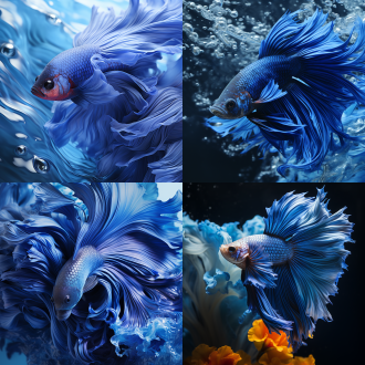 皮克斯风格，宝蓝色斗鱼，鱼缸内，近摄，细节逼真，特写镜头，水波纹，柔和光线，冷色调，宁静，优雅。