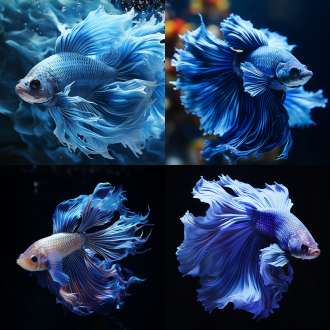 皮克斯风格，宝蓝色斗鱼，鱼缸内，远景特写，细节逼真，特写镜头，水波纹，柔和光线，冷色调，宁静，优雅。